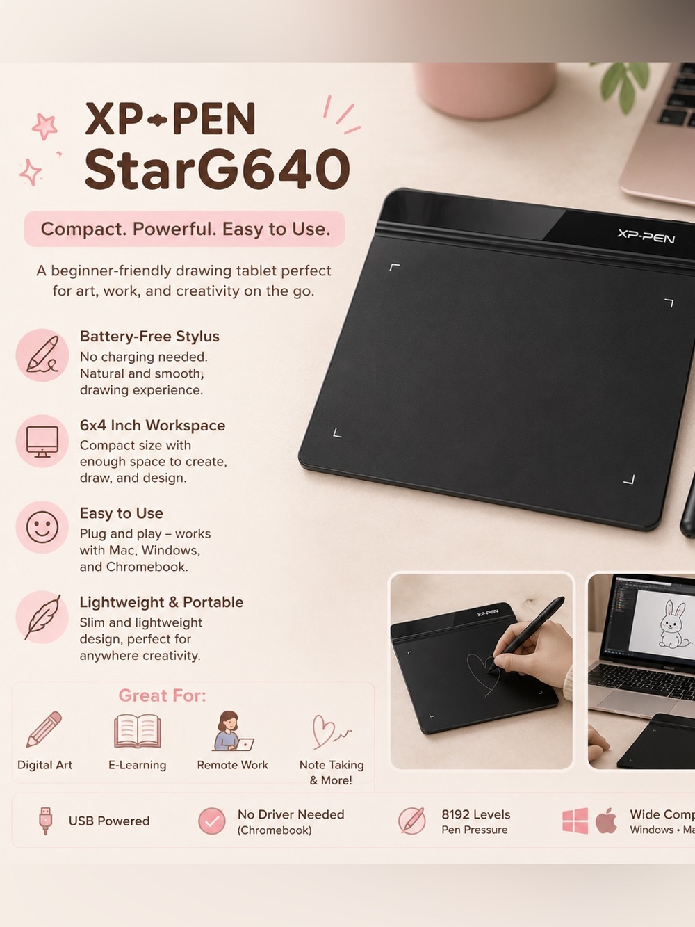 XP-PEN StarG640 6x4 Drawing Tablet with Battery-Free Stylus